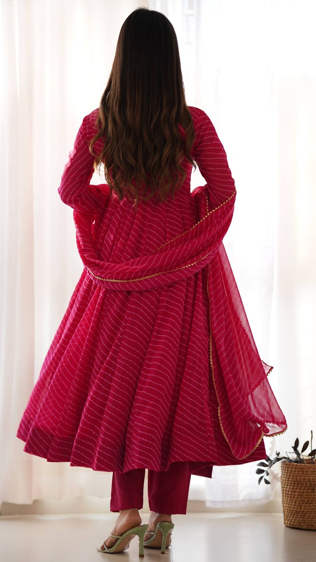 Rani Pink Laheriya Print Fox Georgette Anarkali Suit Set for Women