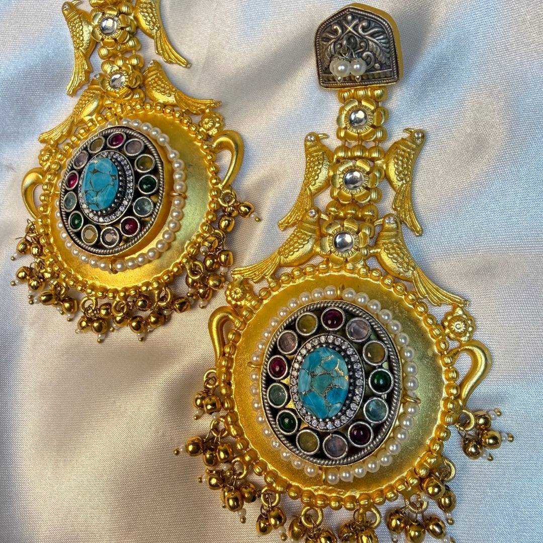 Antique Gold Bird Design Earrings For Women Temple Jewellery Long Earrings Kashmiri Jhumka