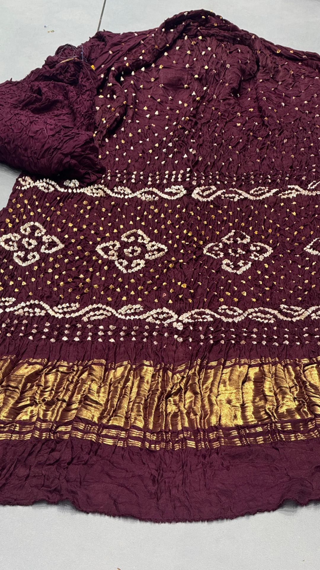 Maroon Pure Gaji Silk Hand Bandhani Saree with Original Lagadi Patta