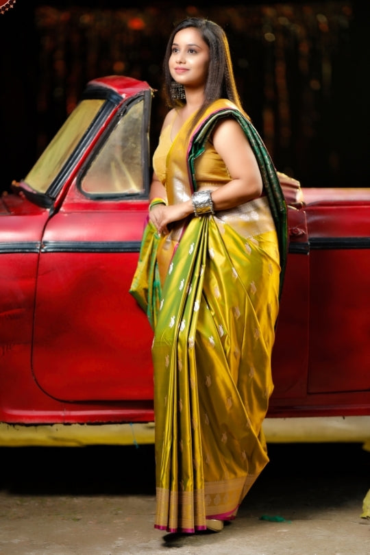 Mustard Yellow with Zari Art Handloom Katan Pure Silk Saree