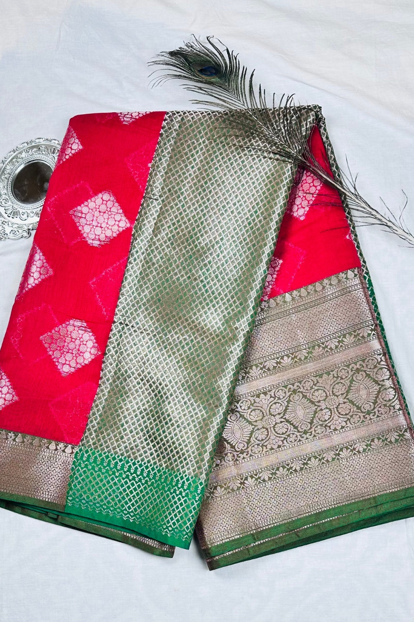 Rani Red Silk Saree with Geometric Diamond Butta and Emerald Green Zari Pallu