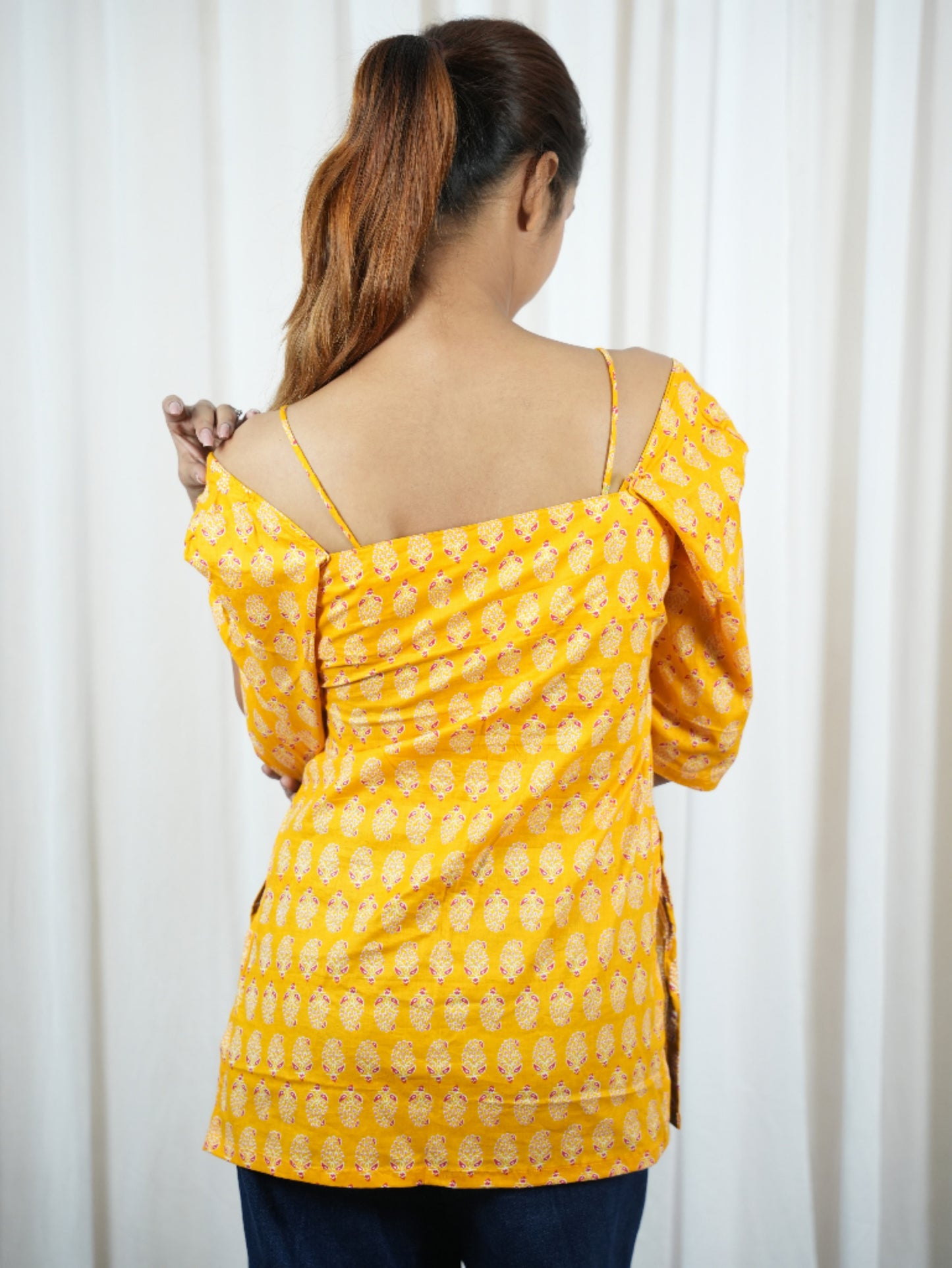 Women's Mustard Yellow Cold Shoulder Cotton Kurti with Traditional Print