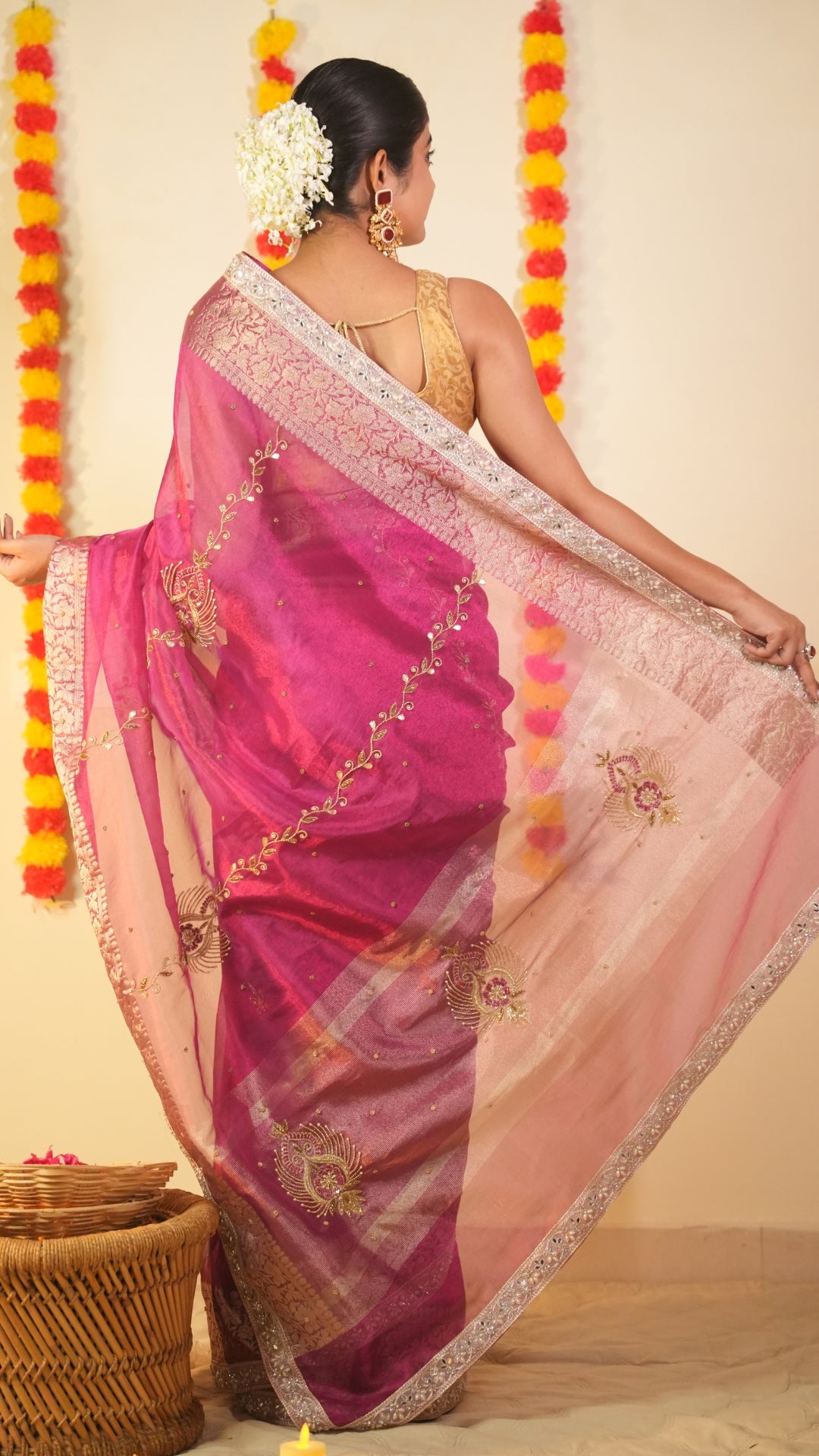 Radiant Fuchsia & Silver Hand-Embroidered Pure Tissue Saree