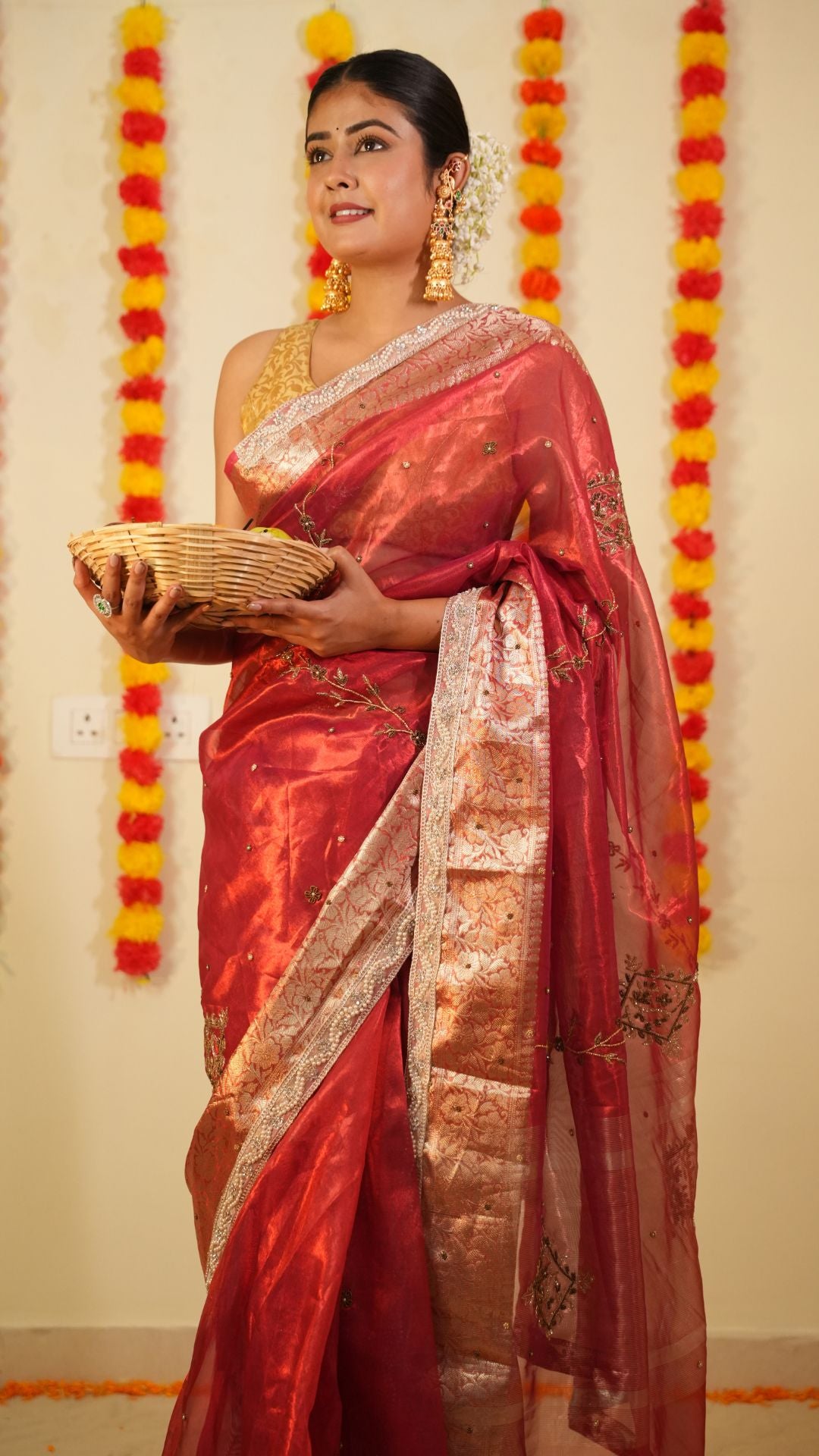 Pure Tissue Silk Lace Work Gota Patti Banarasi Saree With Intricate Zari Work