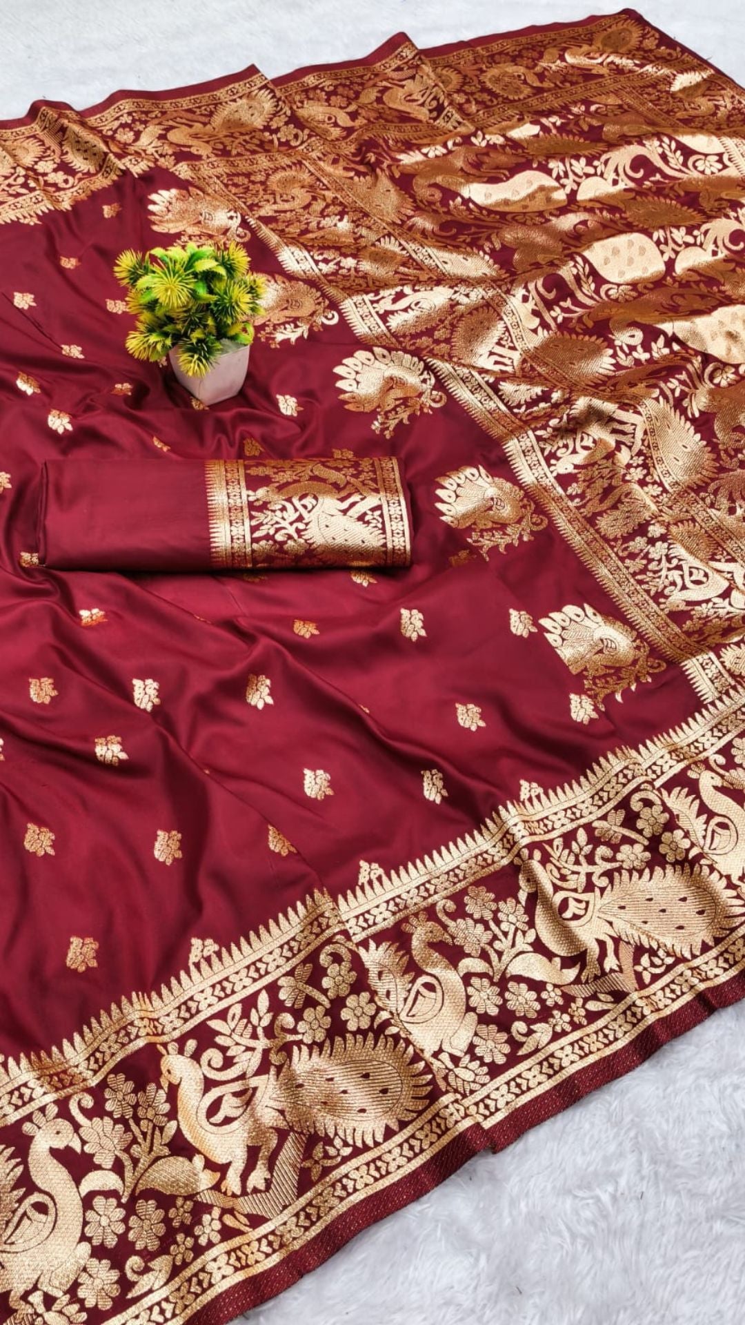 Wine Red Banarasi Silk Saree with Antique Gold Zari Weaving & Peacock Border