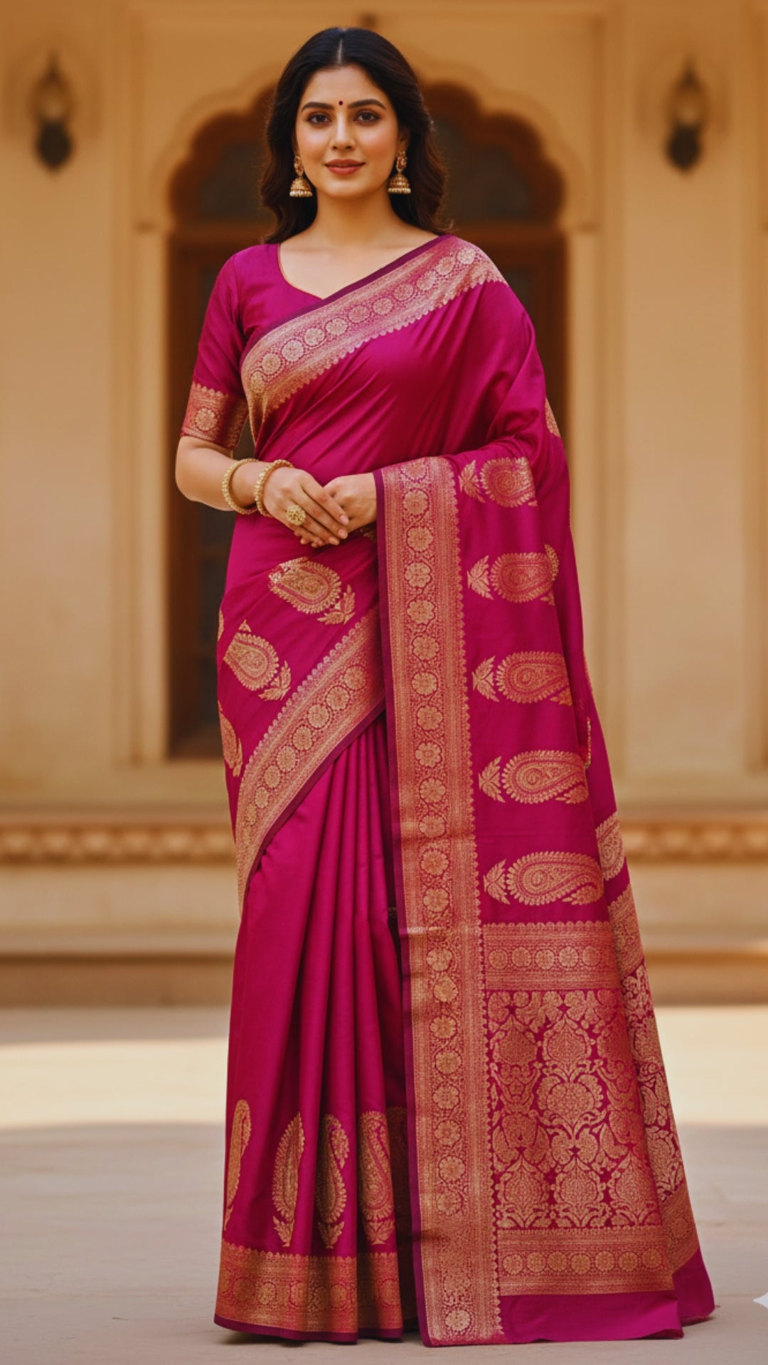 Luxurious Rani Pink Banarasi Katan Silk Saree with Gold Zari Work