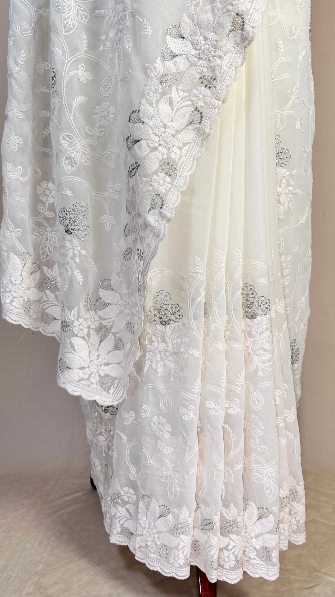 Elegant White chikankari Saree with White Floral Embroidery,