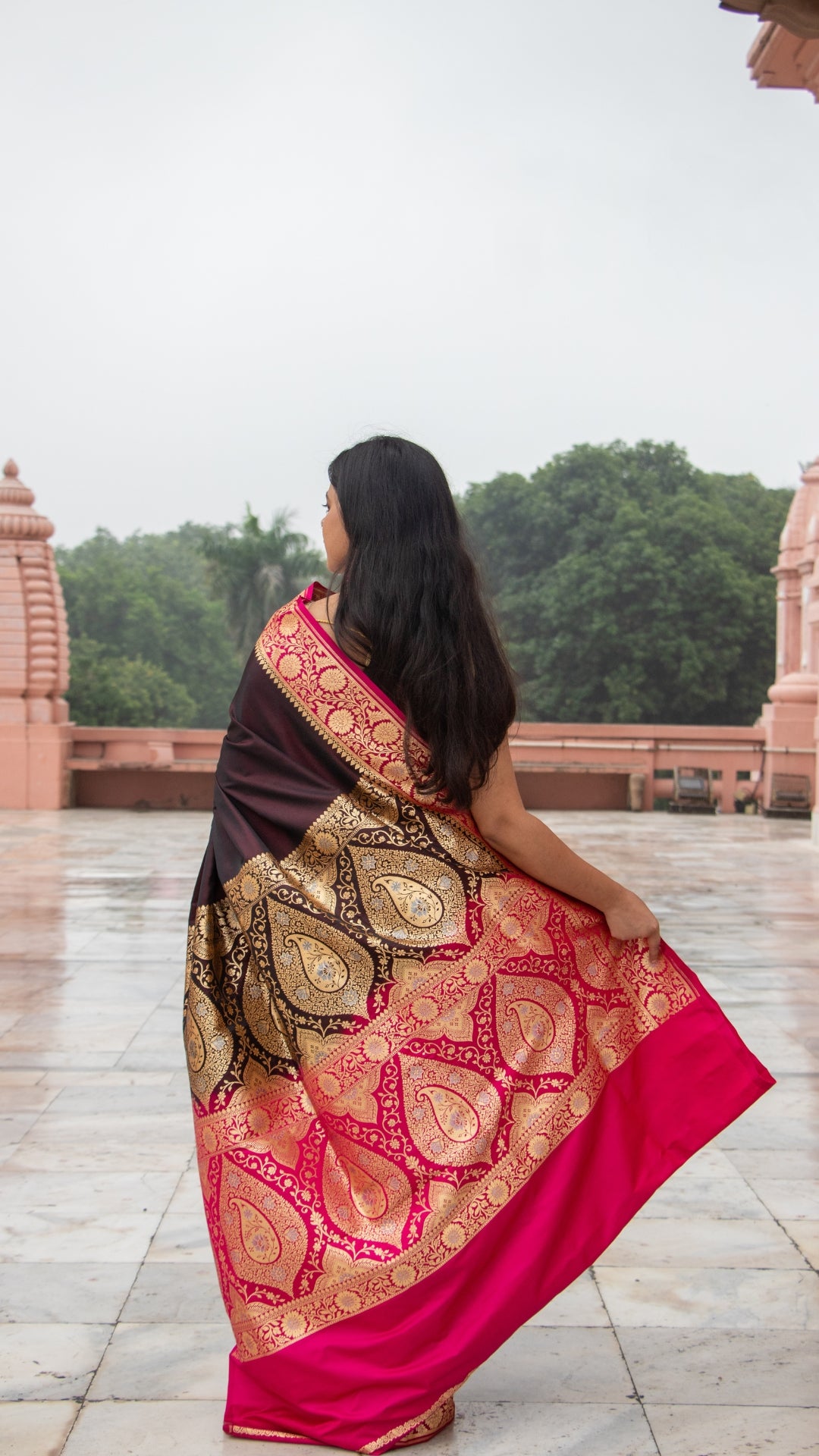 Wine with Pink Border Katan Mashru Silk Saree