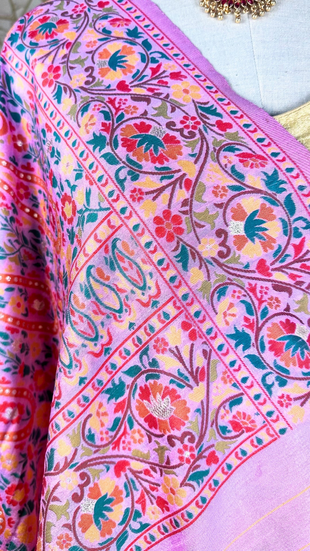 Exquisite Pink Floral Digital Print Saree with Gold Woven Border