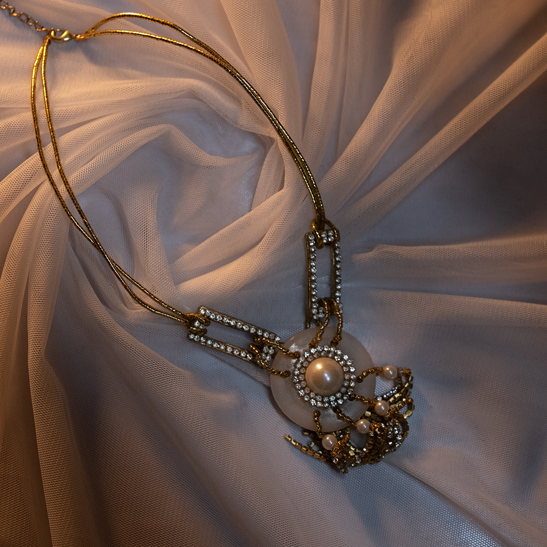 AD Pendant Necklace with Acrylic, Pearl Mix & Cotton Wax Cord Twisted Thread