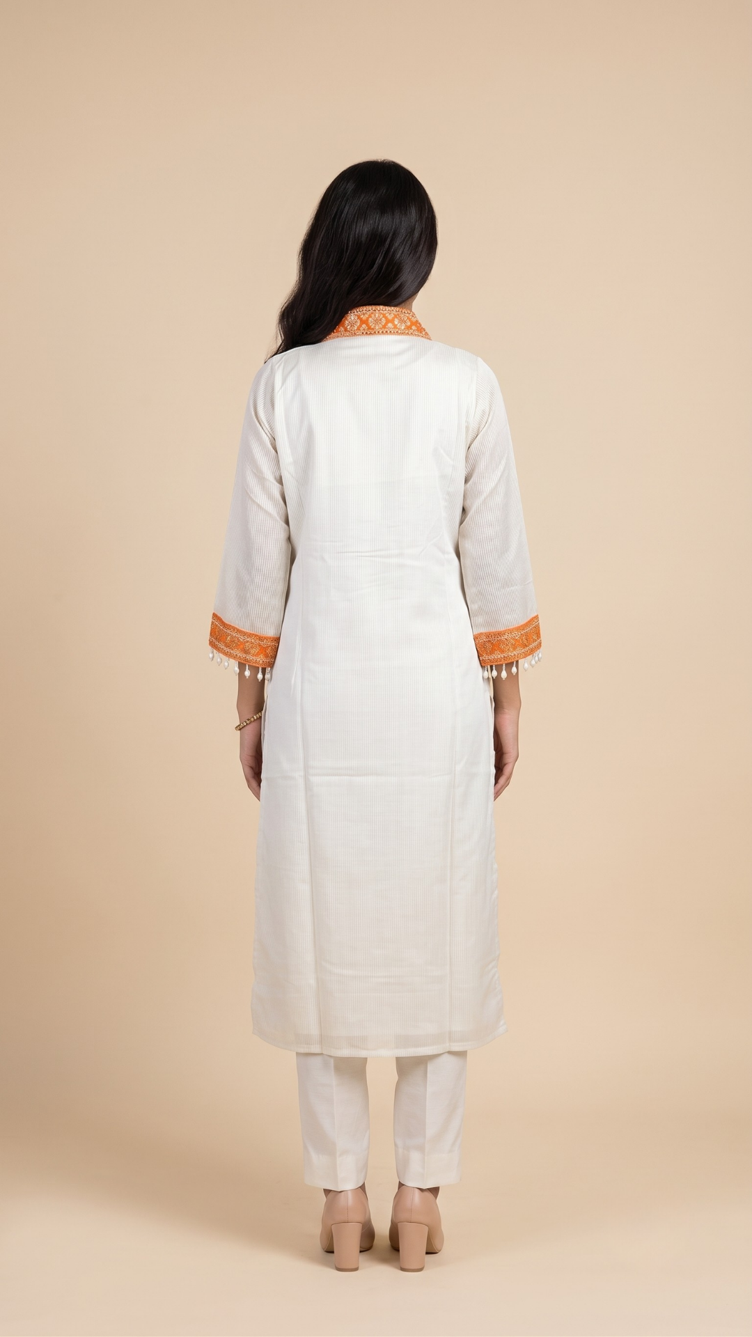 Premium Ivory & Orange Embroidered Straight Kurta With Statement Dupatta Set