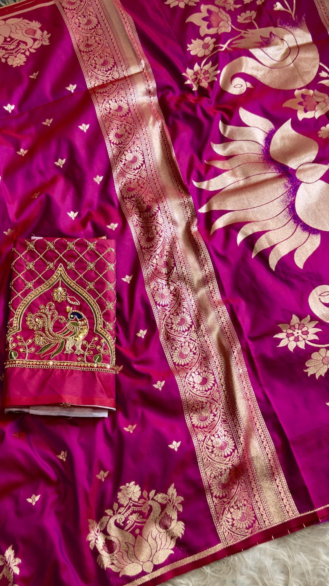 Rani Pink Paithani Silk Saree with Peacock Motifs & Aari Blouse