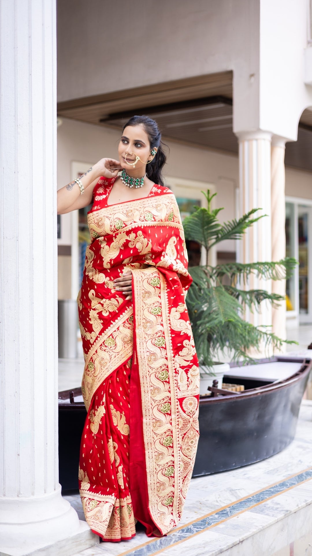 Bridal Blaze Red Banarasi Saree with Gold Woven Motifs