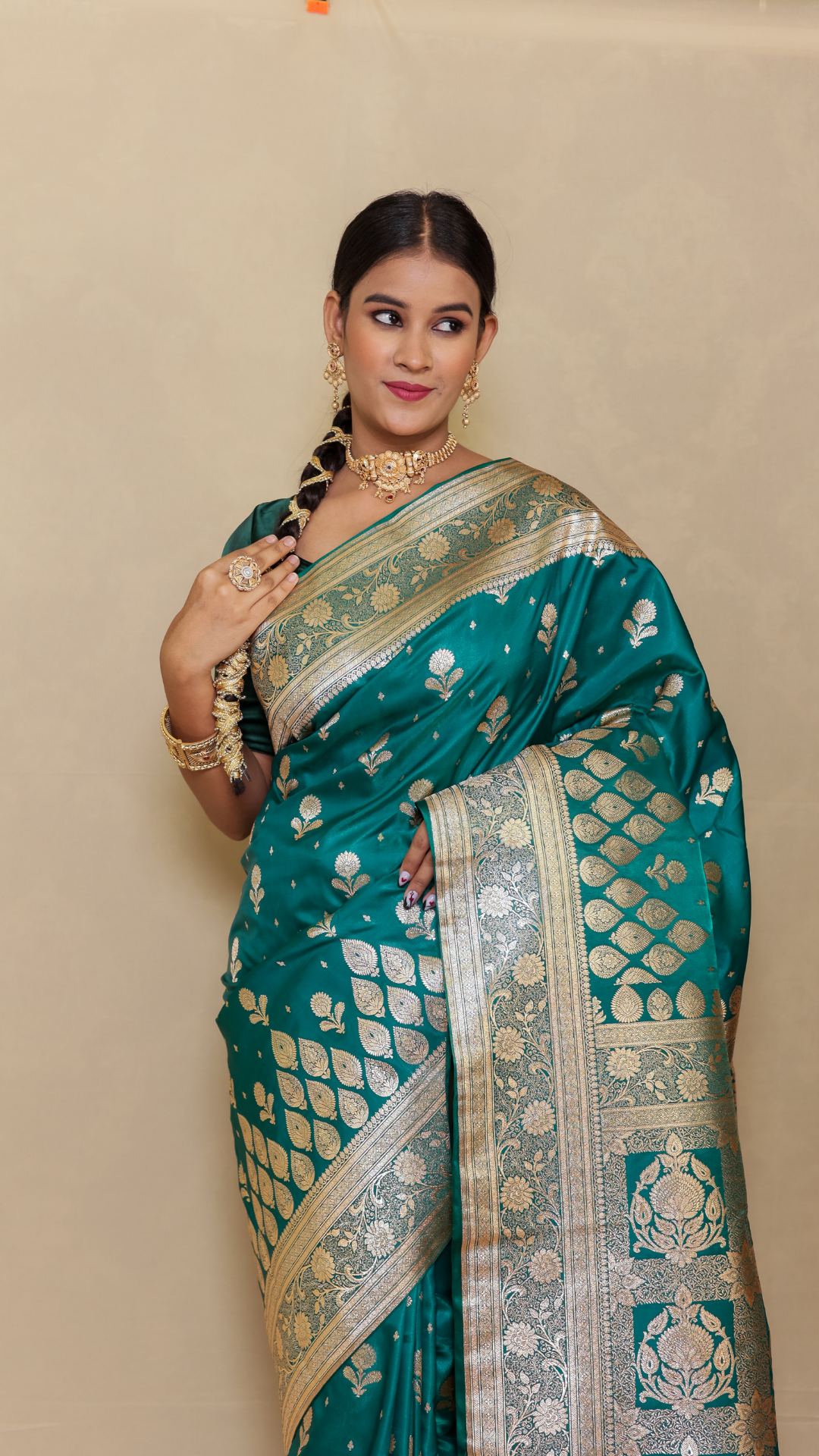 Deep bluish-green Banarasi Katan Silk Saree