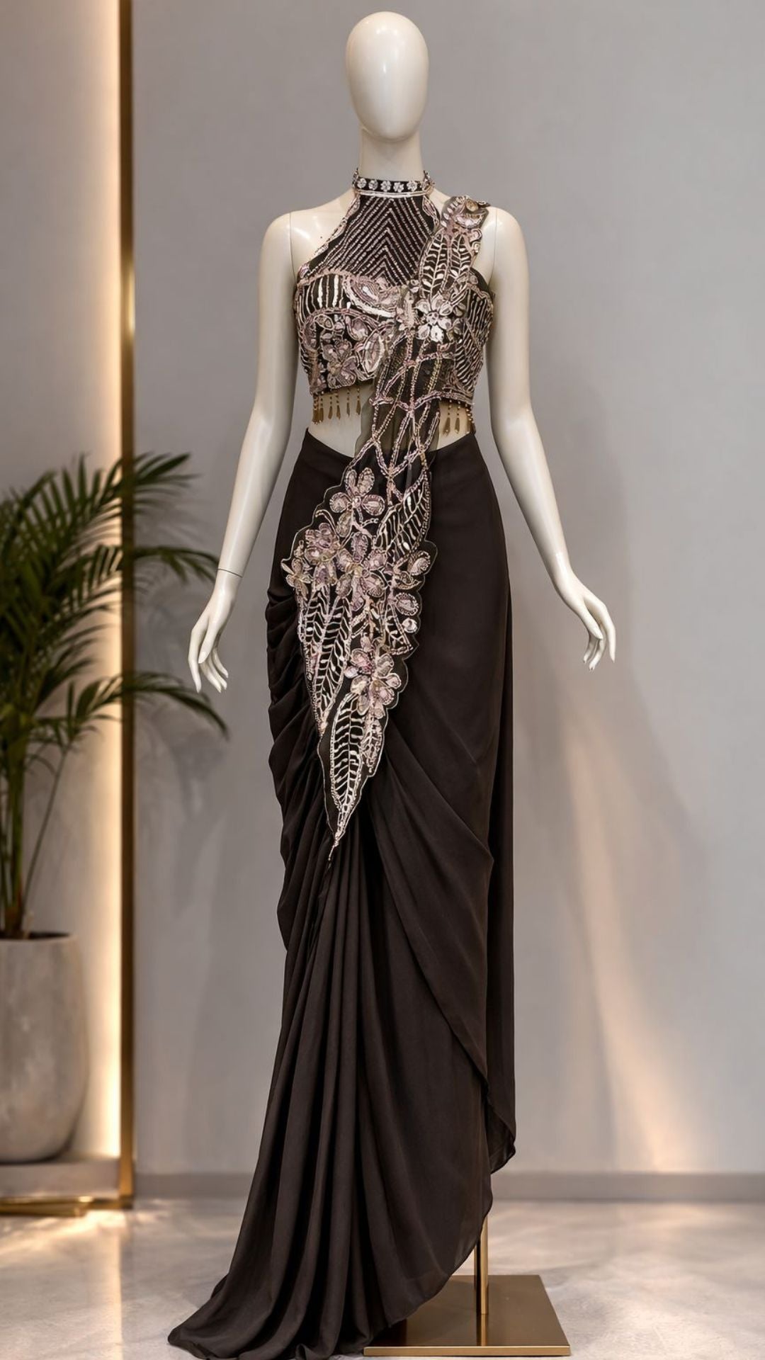 Black Embroidered Ready-to-Wear Saree with Designer Blouse