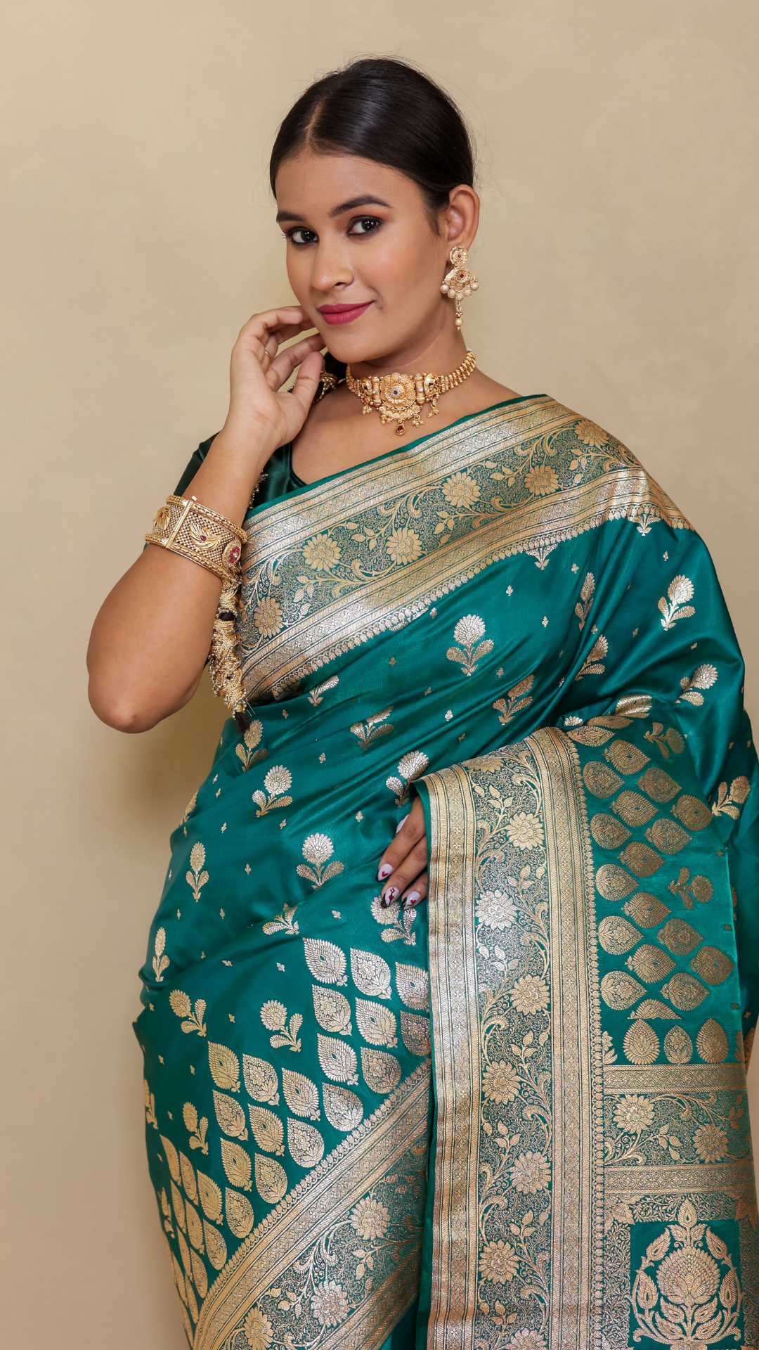 Deep bluish-green Banarasi Katan Silk Saree