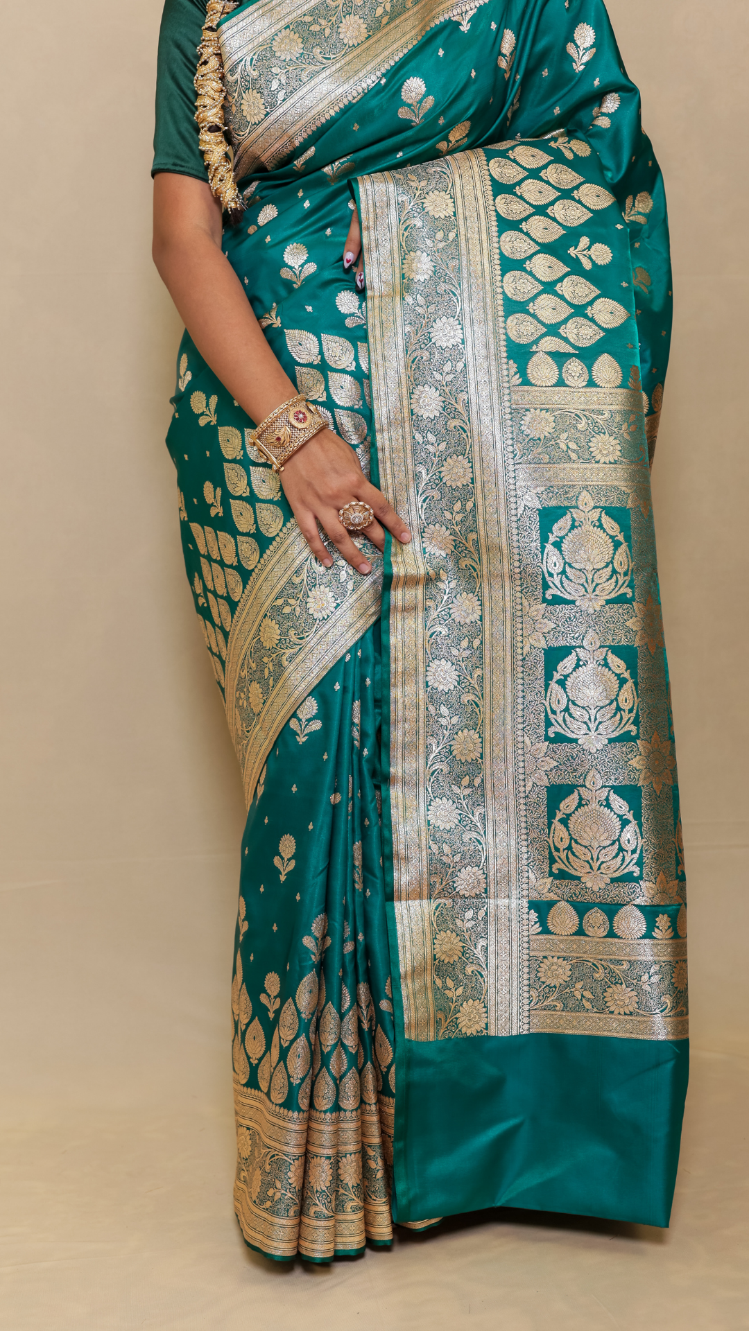 Deep bluish-green Banarasi Katan Silk Saree