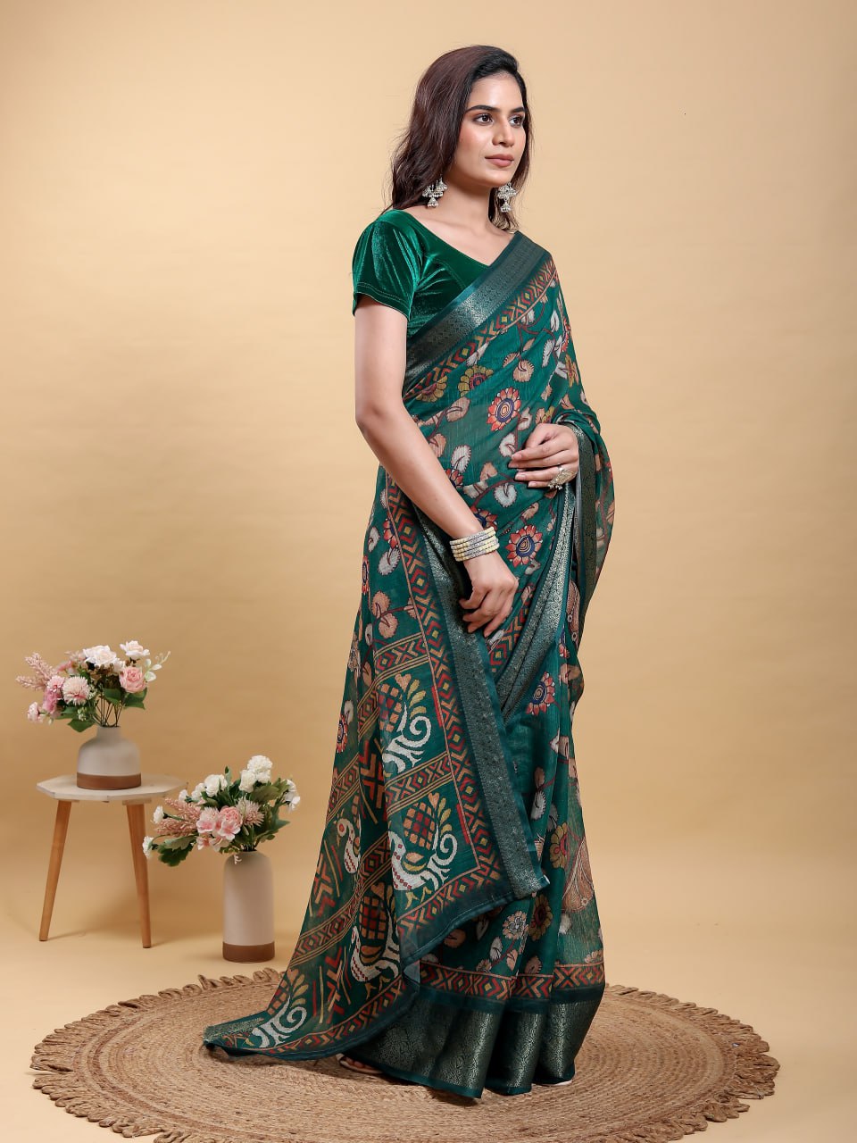 Elegant Forest Green Patola Pochampally Print Saree with Zari Border