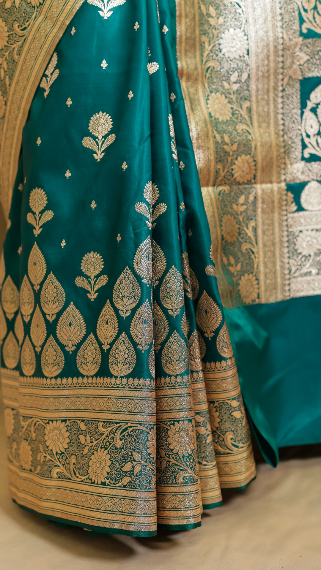 Deep bluish-green Banarasi Katan Silk Saree