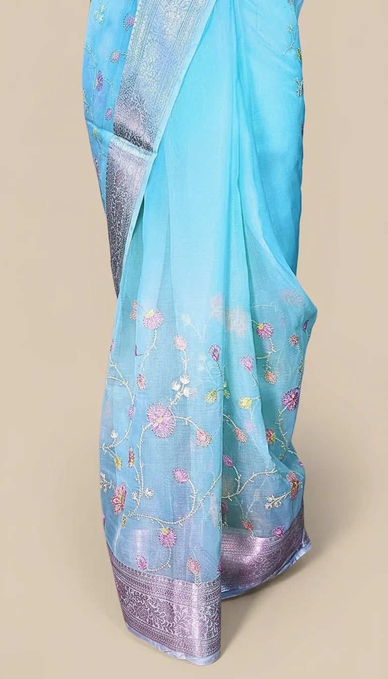 Aqua Blue Handloom Weave Saree with Floral Booti and Metallic Zari Border - Baranashe - Aqua Blue Handloom Weave Saree with Floral Booti and Metallic Zari Border