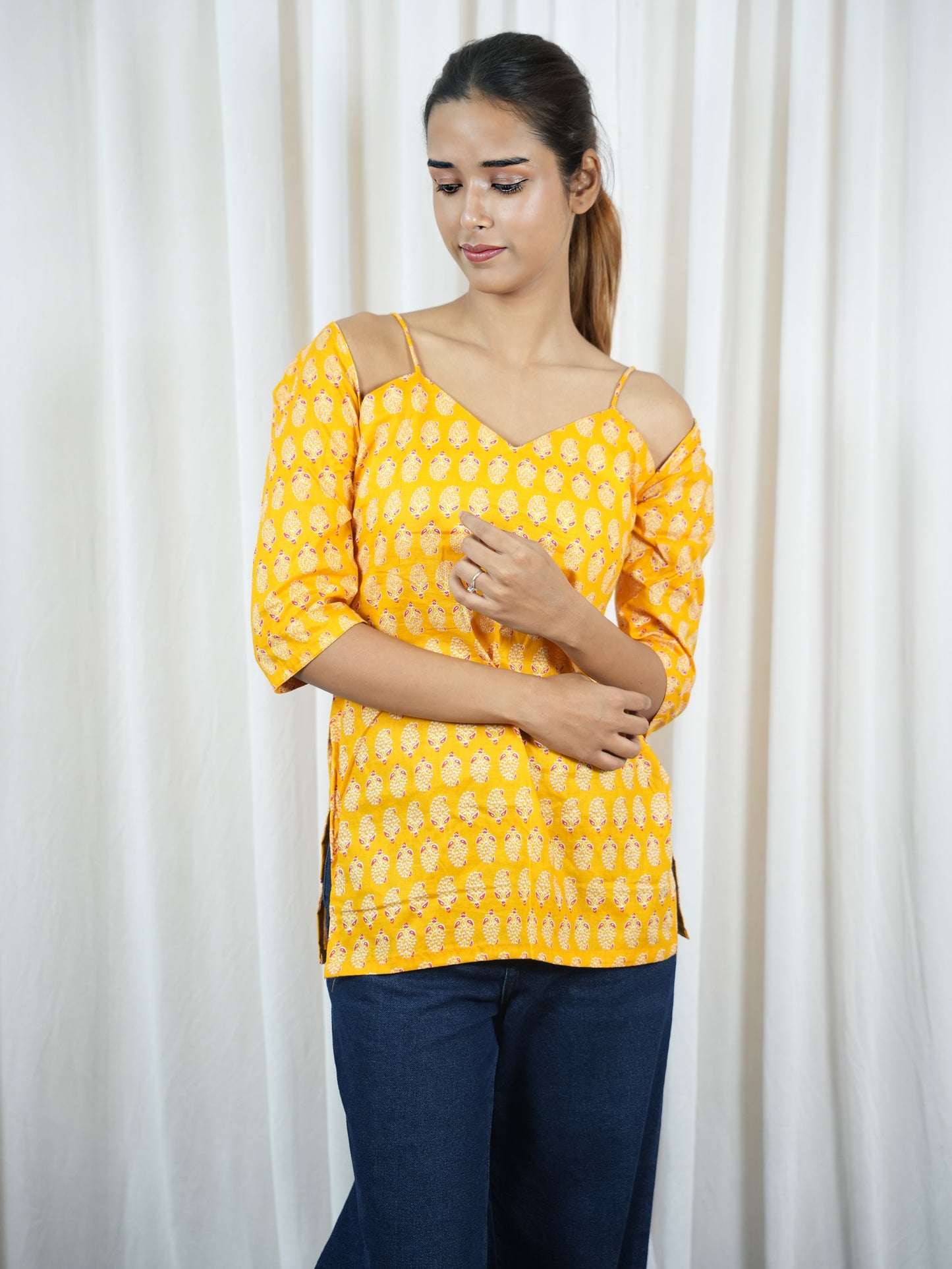 Women's Mustard Yellow Cold Shoulder Cotton Kurti with Traditional Print