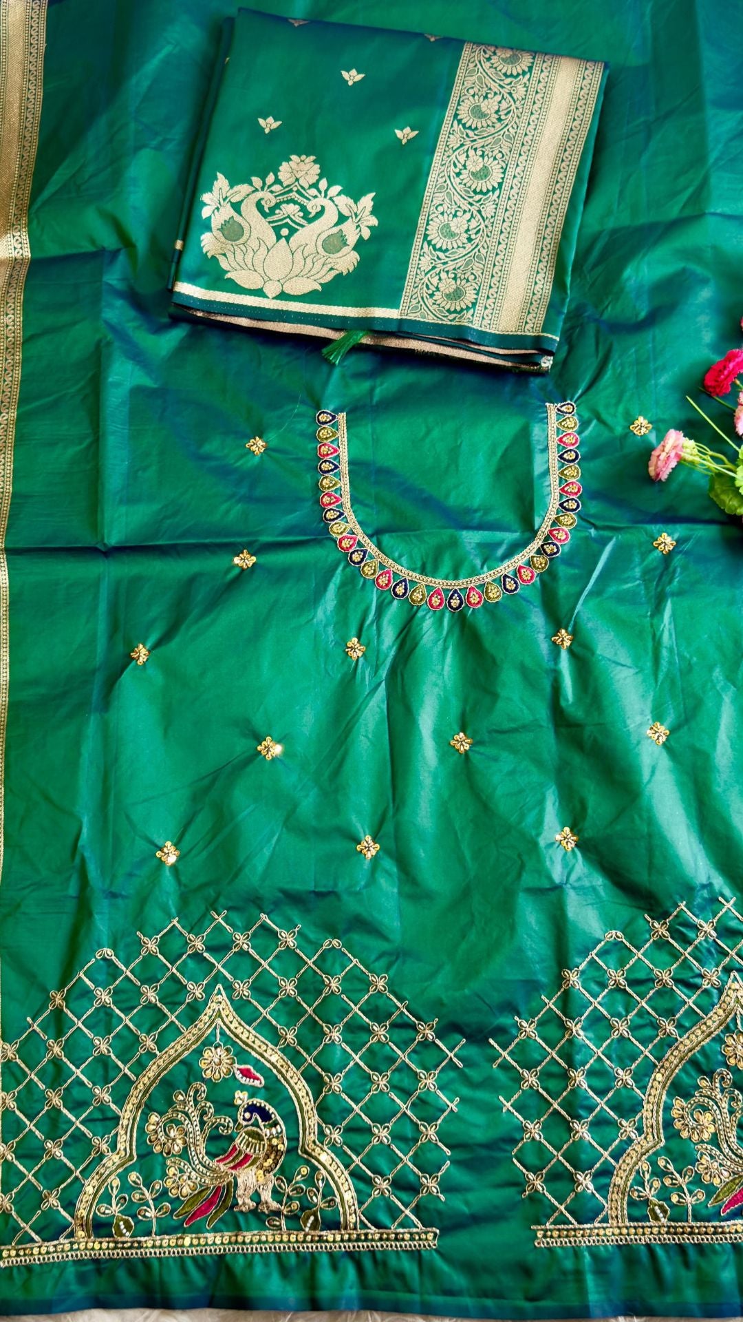 Emerald Green Paithani Silk Saree with Peacock Motifs & Aari Blouse