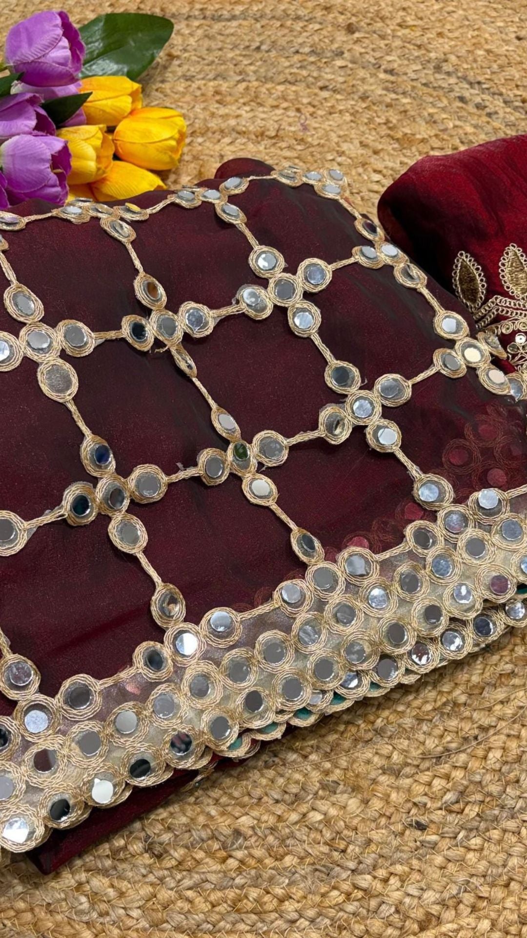 Wine Mirror Work Satin Silk Saree with Designer Blouse