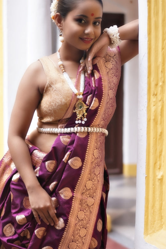 Purple with Golden Dual Zari Pure Katan Silk Banarasi Saree
