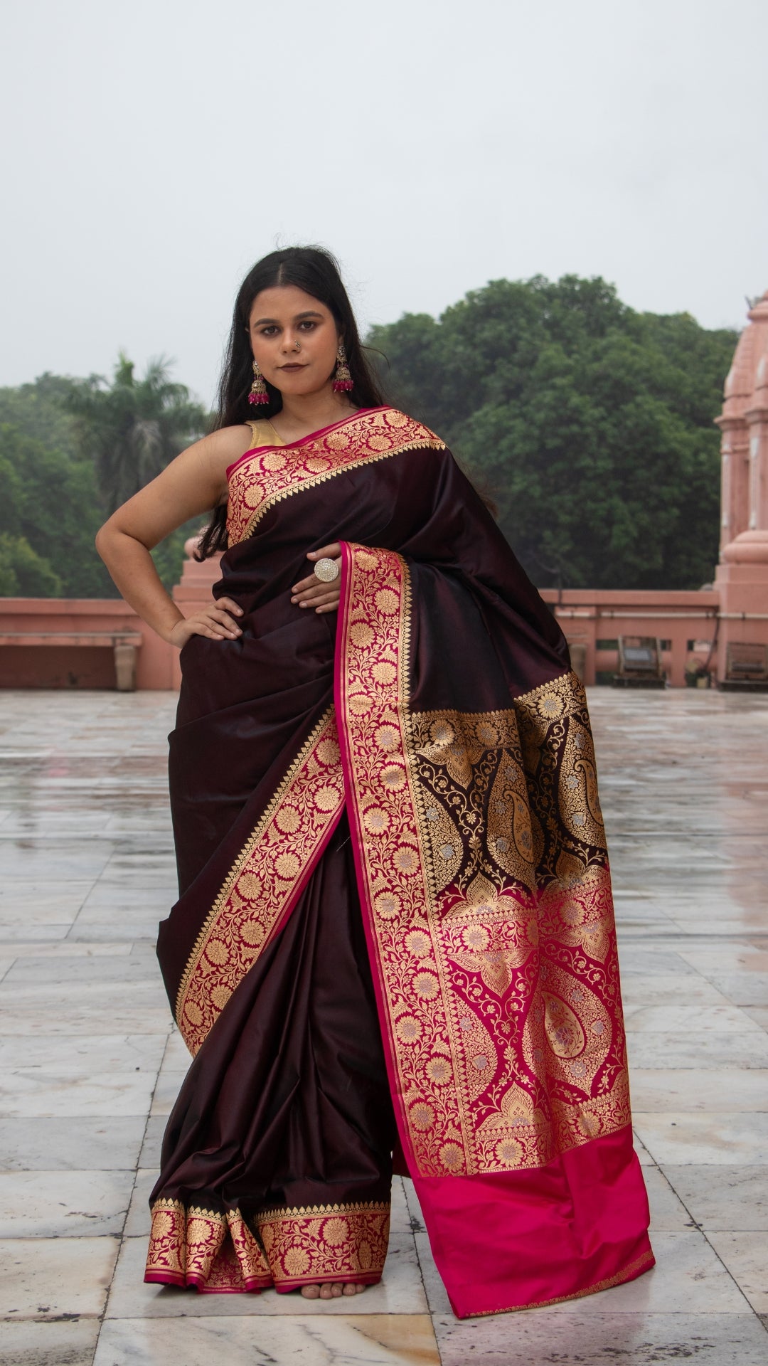 Wine with Pink Border Katan Mashru Silk Saree