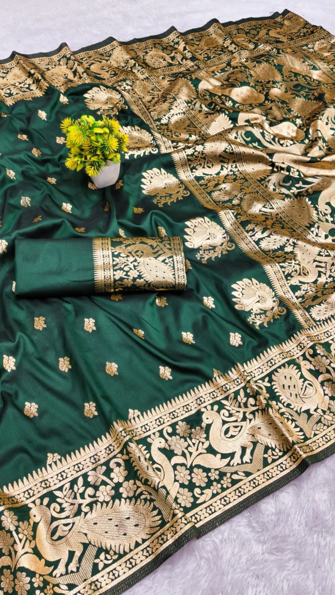 Green Banarasi Silk Saree with Antique Gold Peacock Zari Weaving