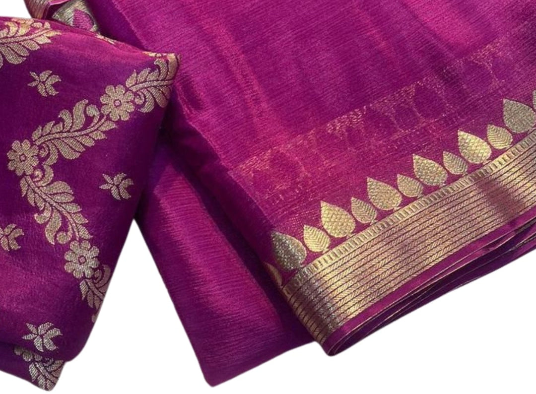Rani Pink Chinon Base Chiffon Saree with Zari Weaving Border & Self Brocade Blouse