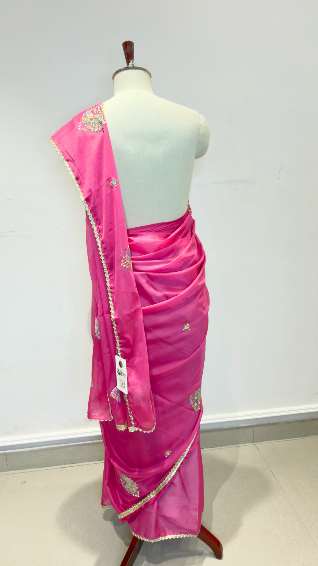 Banarashe Rani Pink Embroidered Saree with Multicolour Peacock Motifs & Golden Lace Border