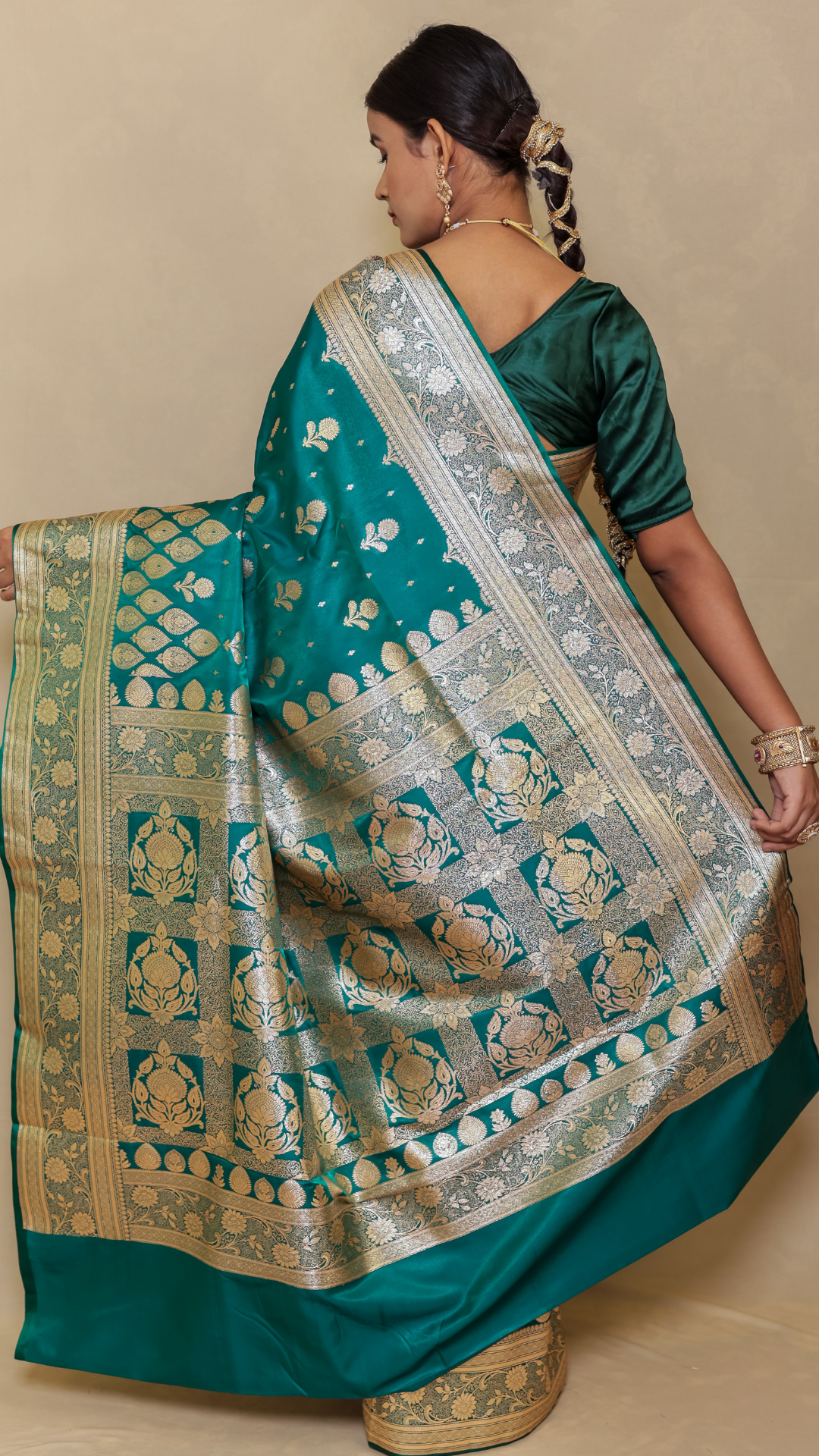 Deep bluish-green Banarasi Katan Silk Saree