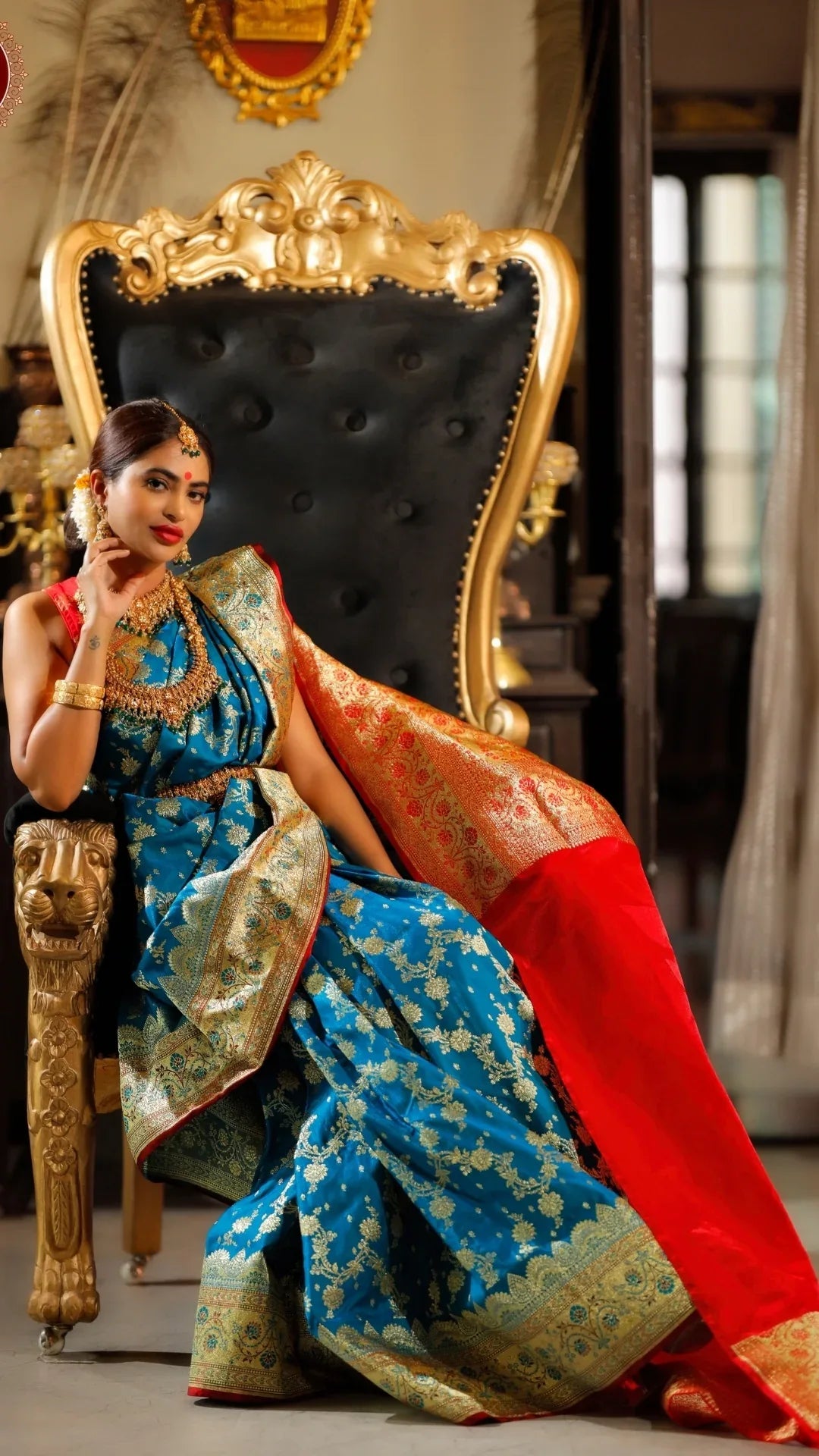 Blue with Red Blouse Pure Katan Silk Banarasi Saree - Baranashe - Blue with Red Blouse Pure Katan Silk Banarasi Saree