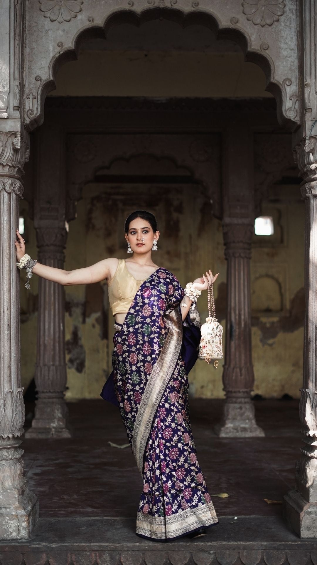 Pure Silk Handloom Katan Tilfi Jungla Meenakari Saree – Royal Purple
