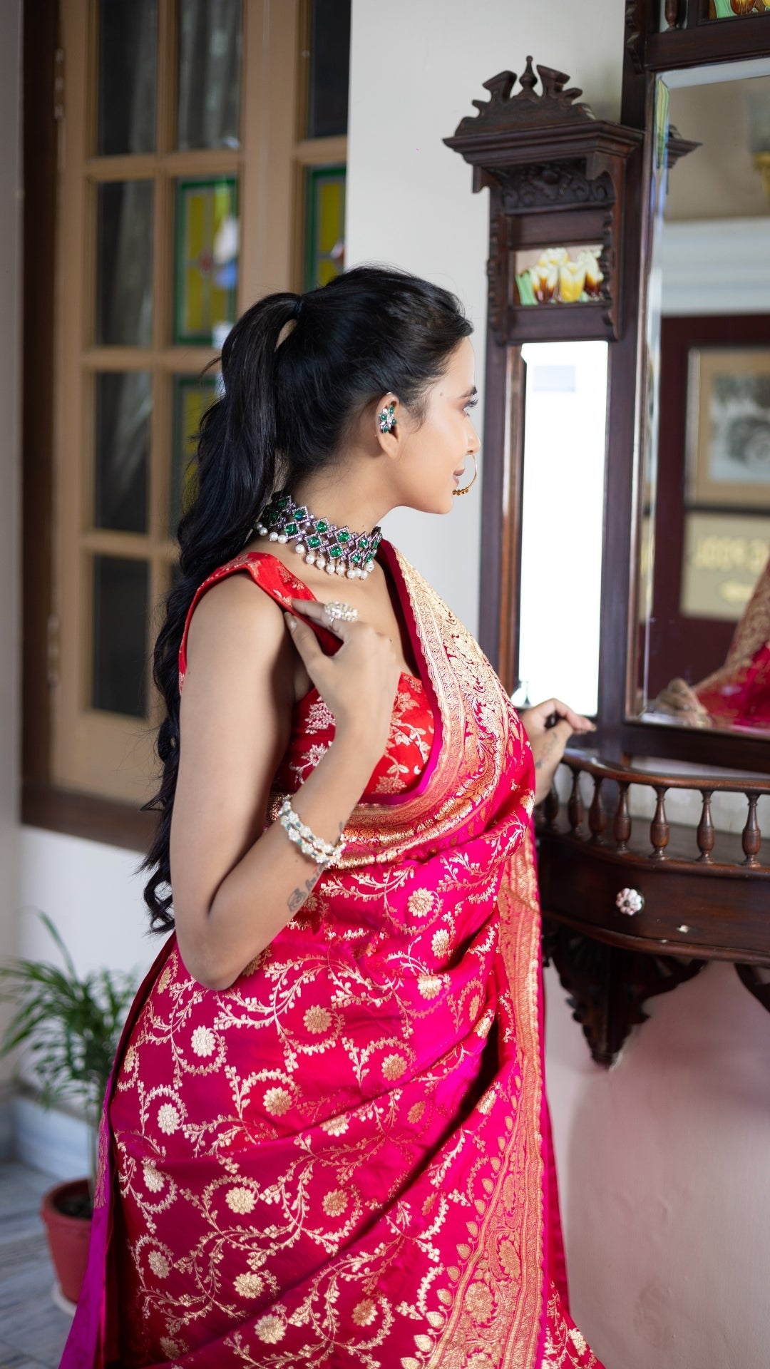 Rang Mahal Banarasi Katan Silk Saree – Vibrant Rose Woven Dream