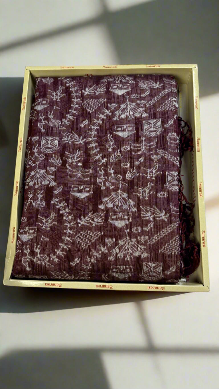 Banarashe Maroon & Cream Handloom Banarasi Cotton Saree with Tribal Body & Traditional Pallu