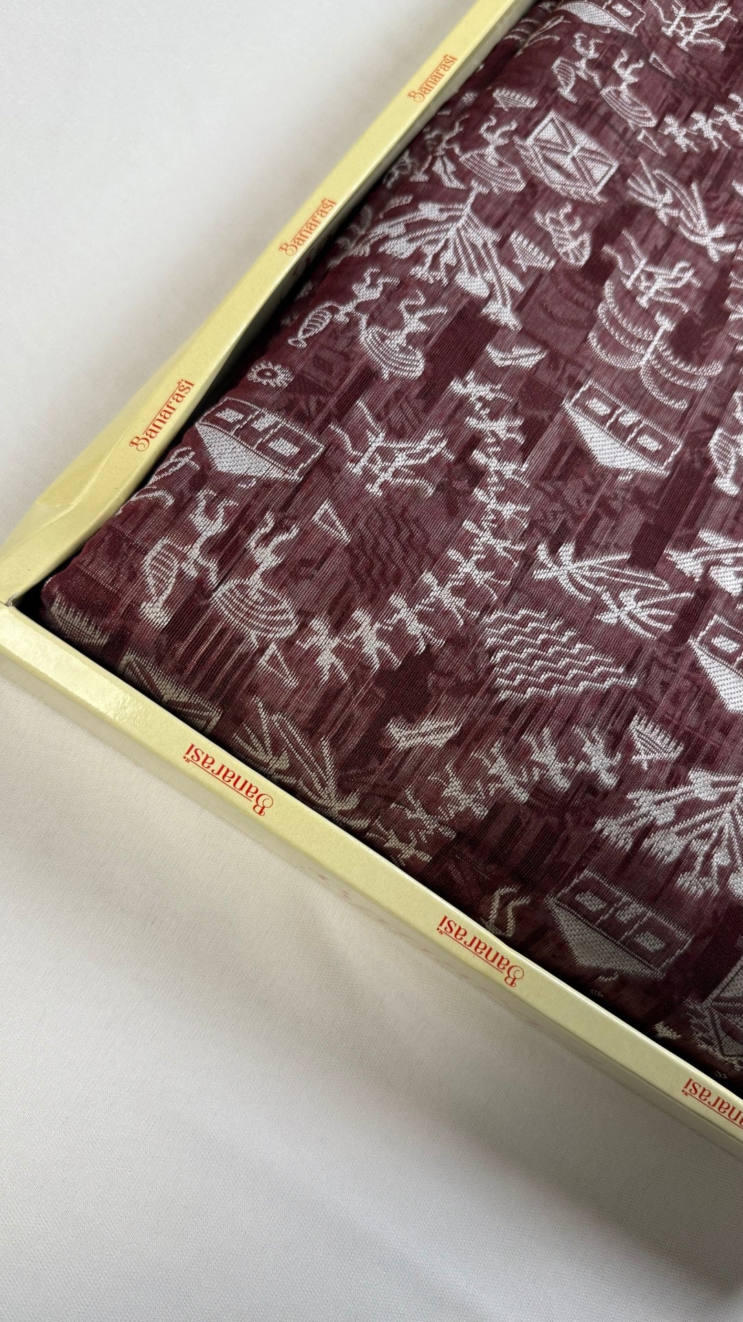 Banarashe Maroon & Cream Handloom Banarasi Cotton Saree with Tribal Body & Traditional Pallu