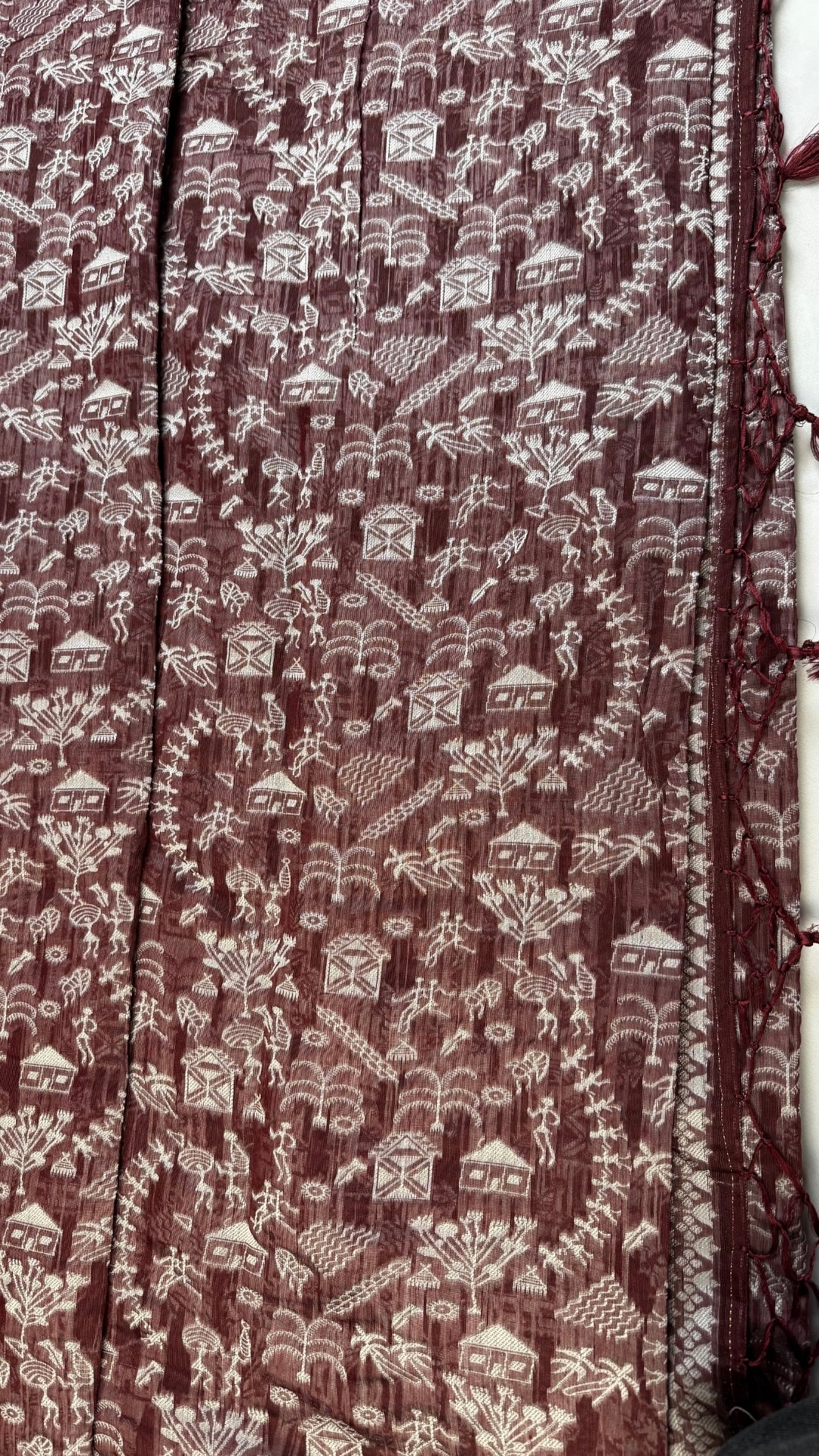 Banarashe Maroon & Cream Handloom Banarasi Cotton Saree with Tribal Body & Traditional Pallu
