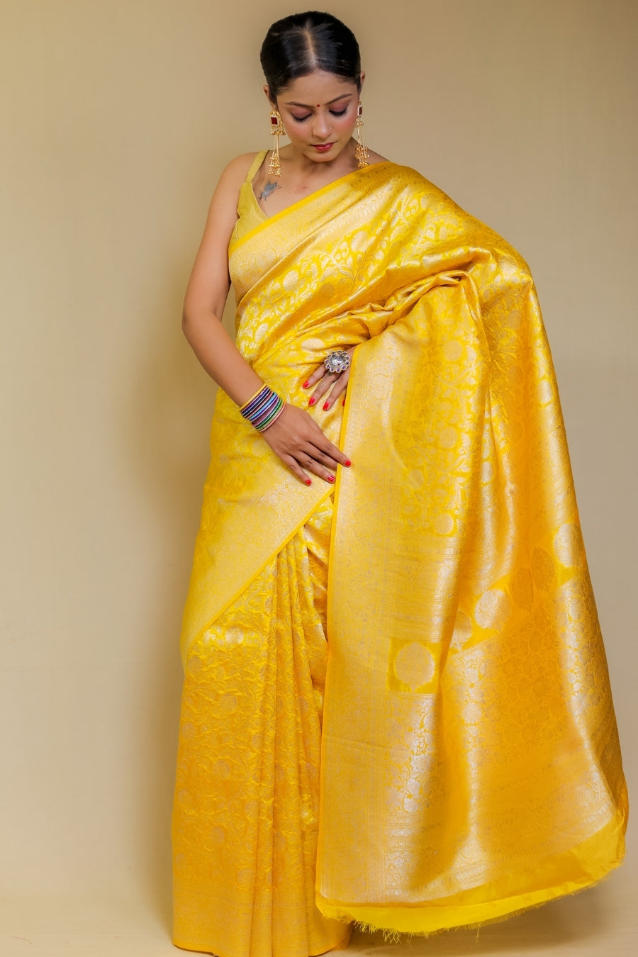Bright Canary Yellow Banarasi Patola Italian Crepe Silk Saree with Silver Zari