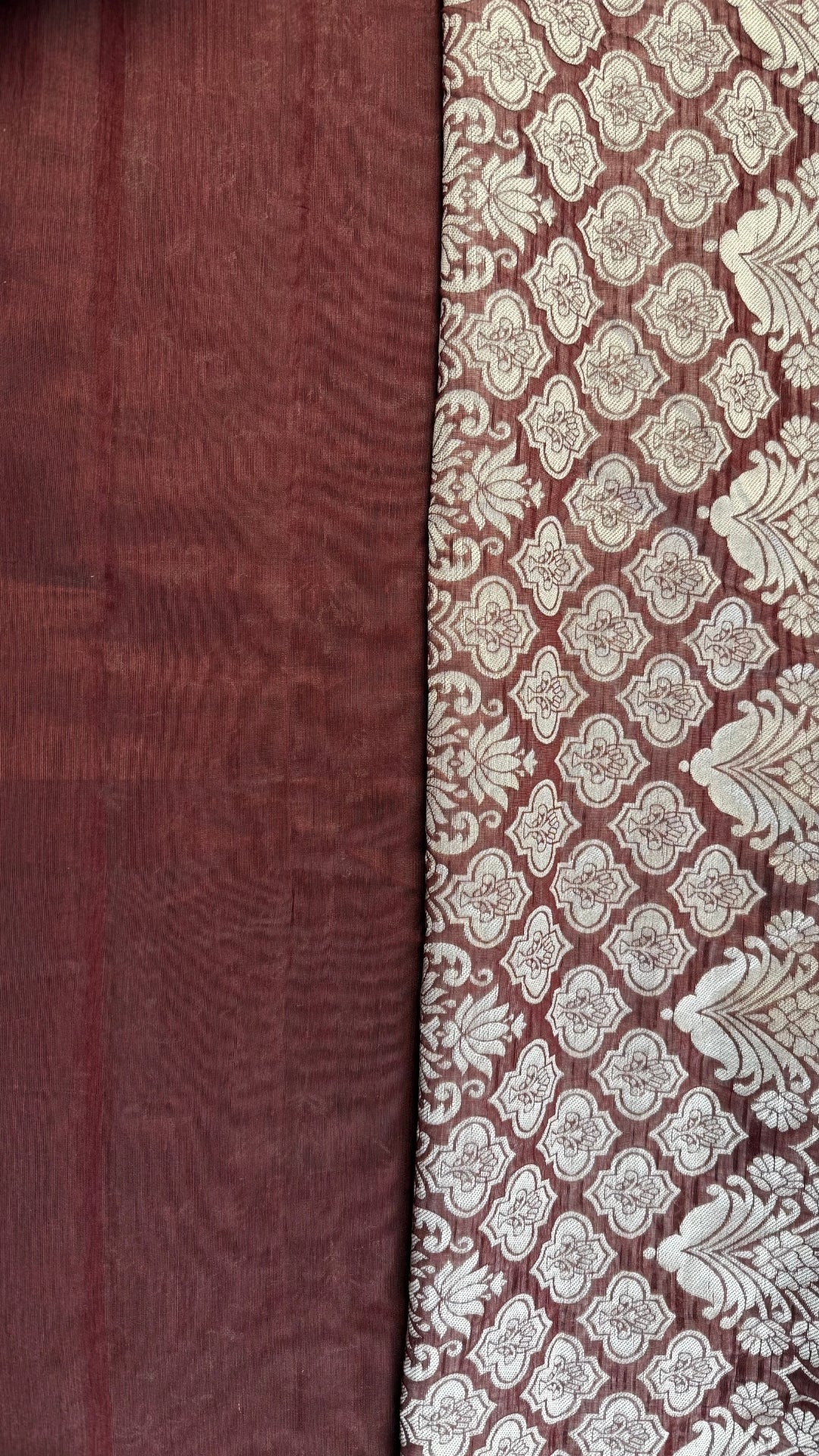 Banarashe Maroon & Cream Handloom Banarasi Cotton Saree with Tribal Body & Traditional Pallu