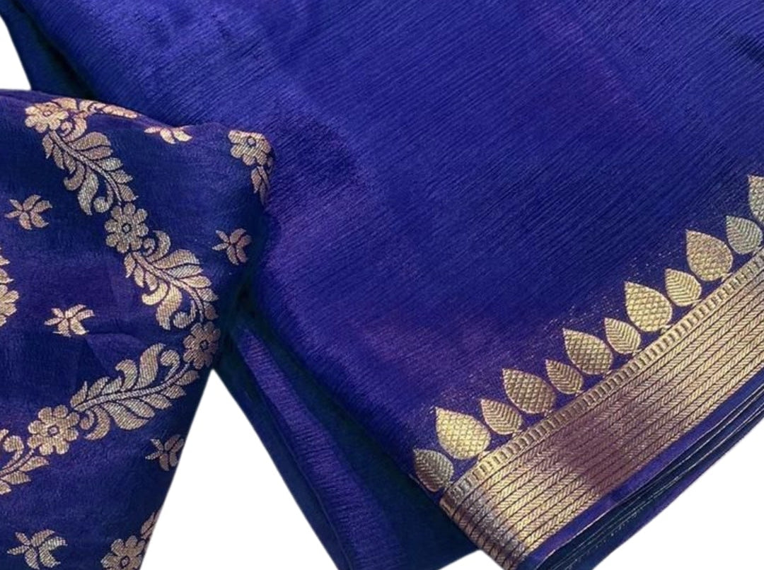 Royal Blue Chinon Base Chiffon Saree with Zari Weaving Border & Self Brocade Blouse