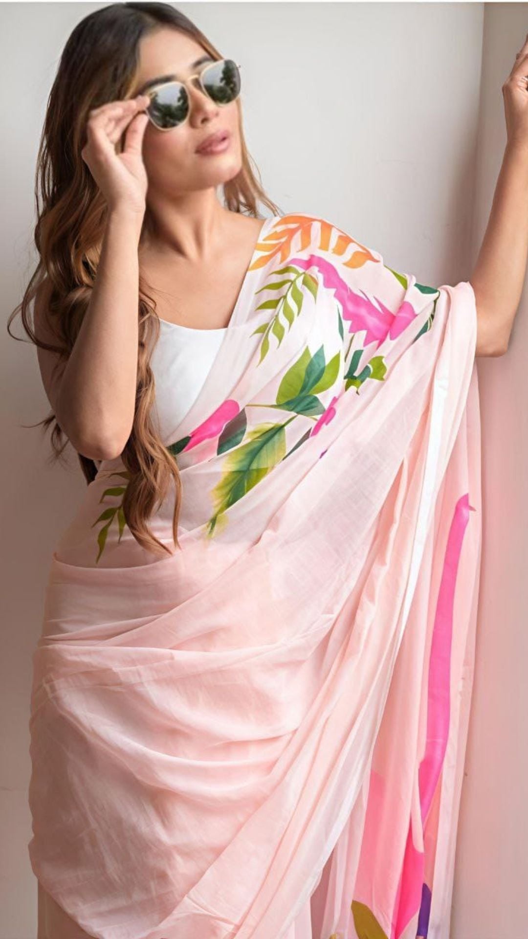 Soft Pink Floral Linen Cotton Saree with Designer Blouse