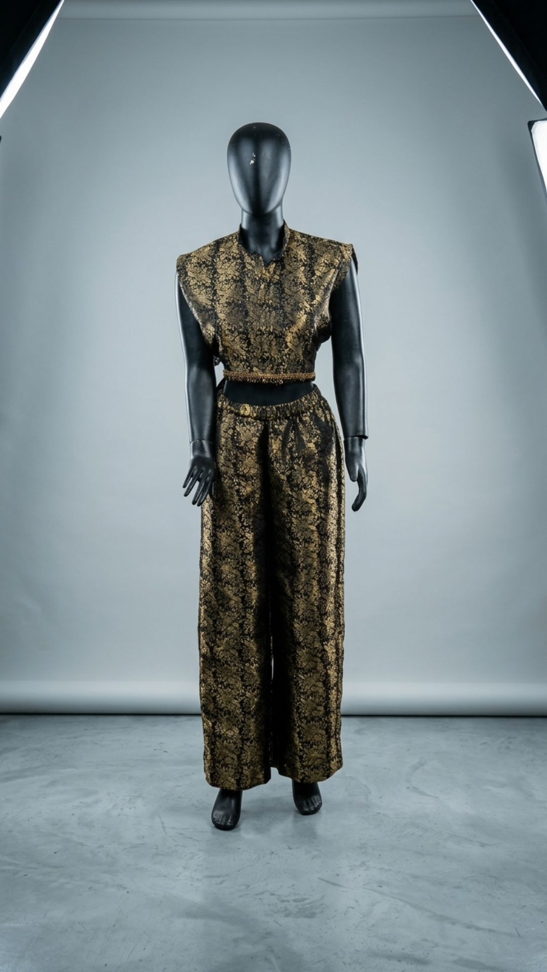 Banarashe Women’s Black & Gold Floral Printed Crop Top with Wide-Leg Pants Co-Ord Set