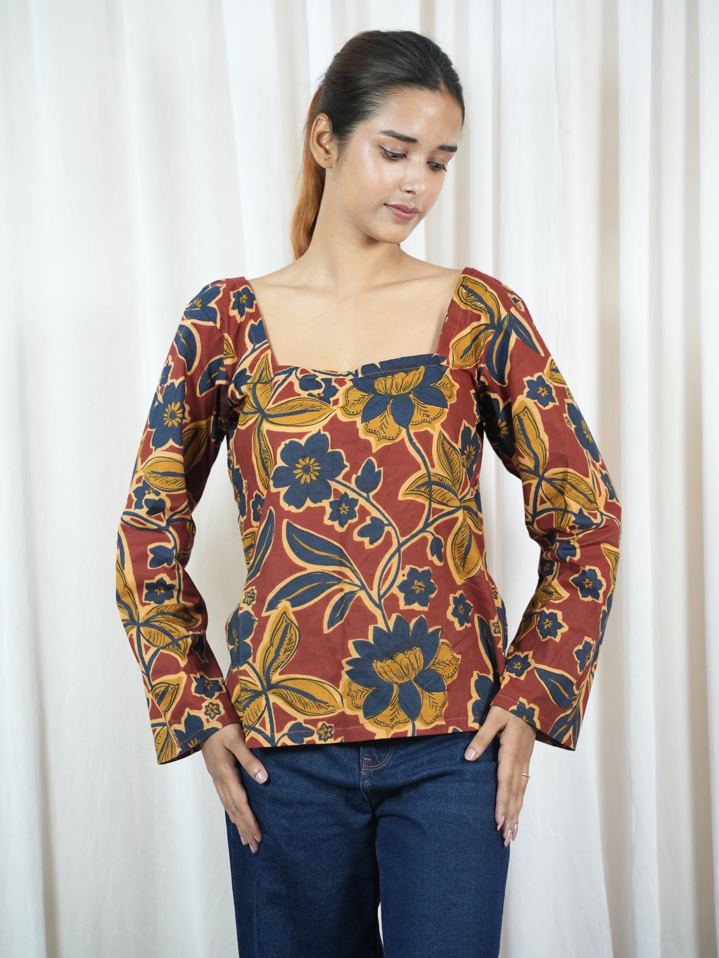 Women's Rust Red pure Cotton linen black cord set kurti
