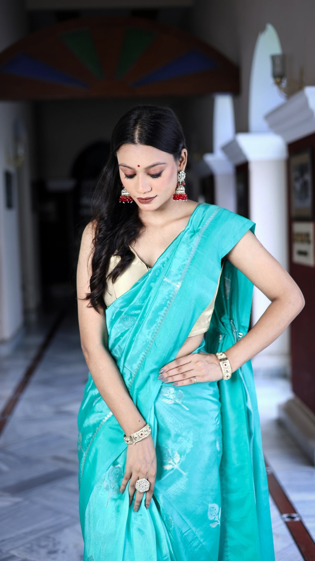 Bright Sky Blue Katan Mashru Silk Saree