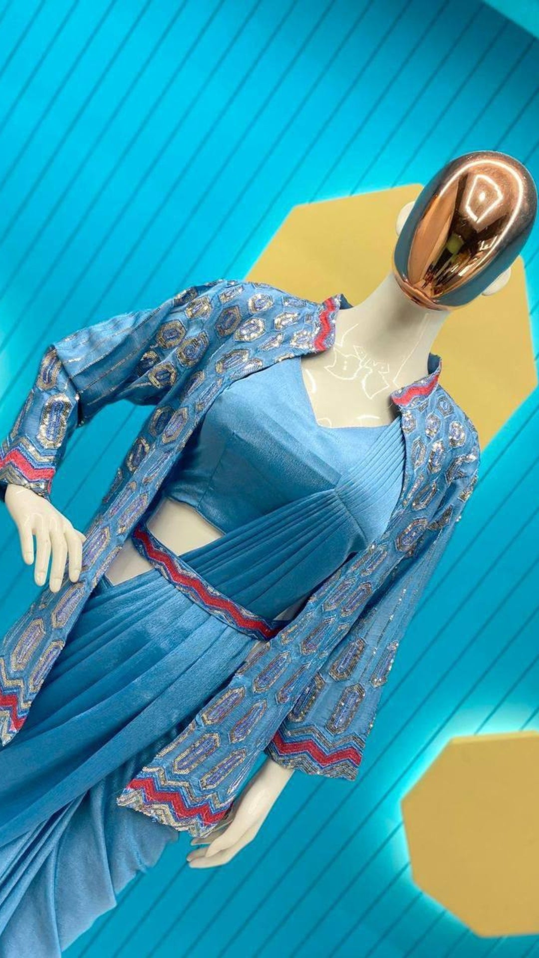 Sky Blue Chinon Silk Ready-to-Wear Saree with Embroidered Jacket