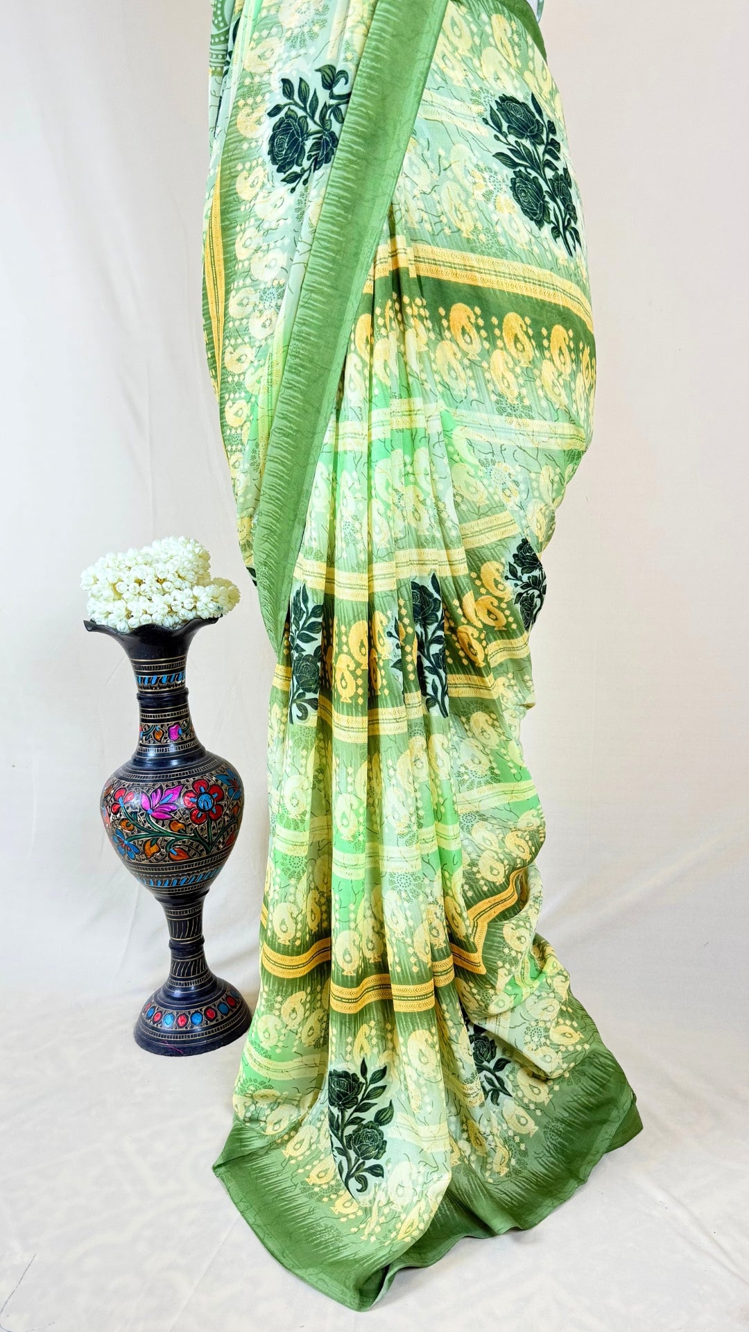 Floral Print Banarasi Georgette Saree (Green)