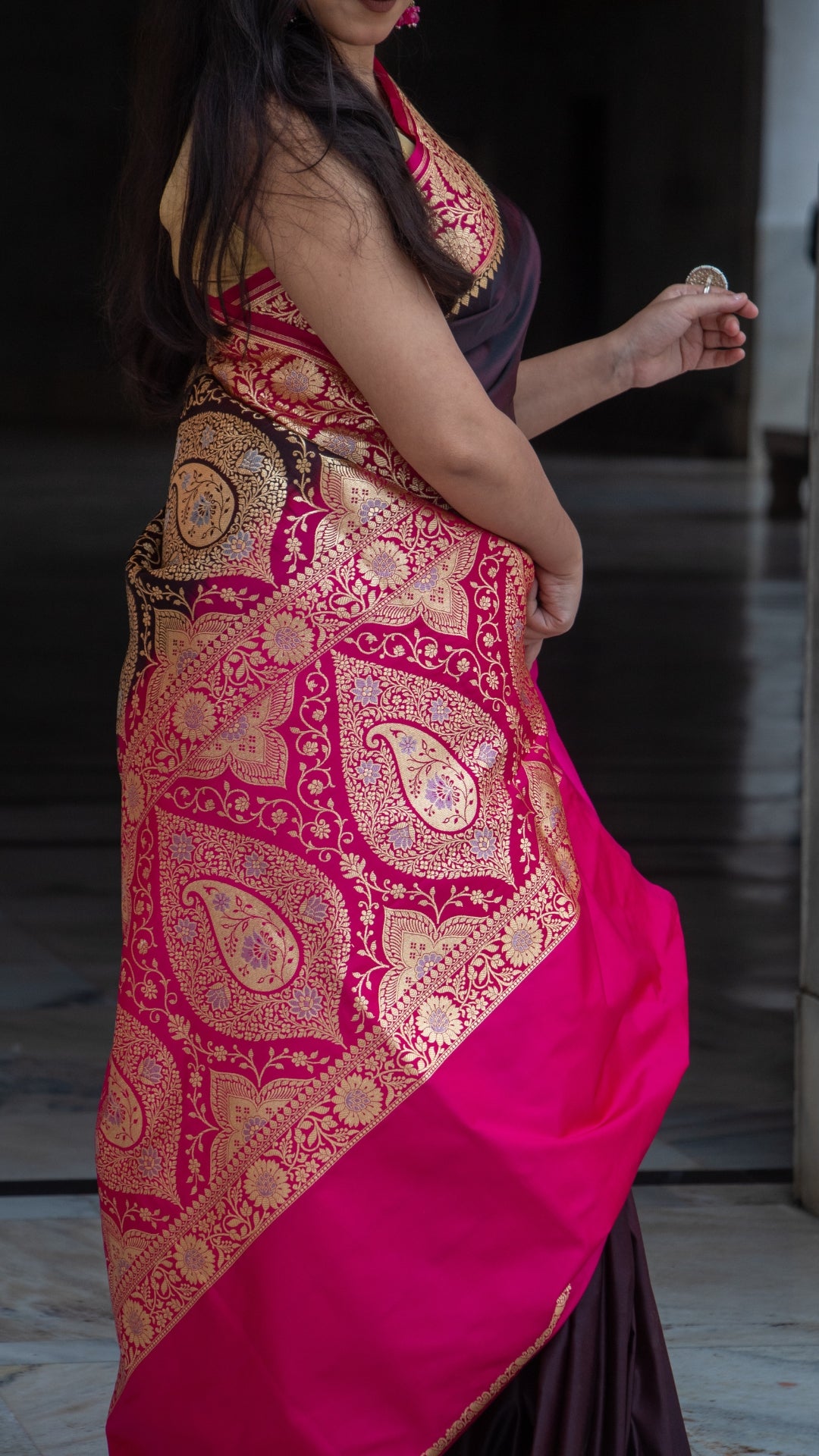 Wine with Pink Border Katan Mashru Silk Saree