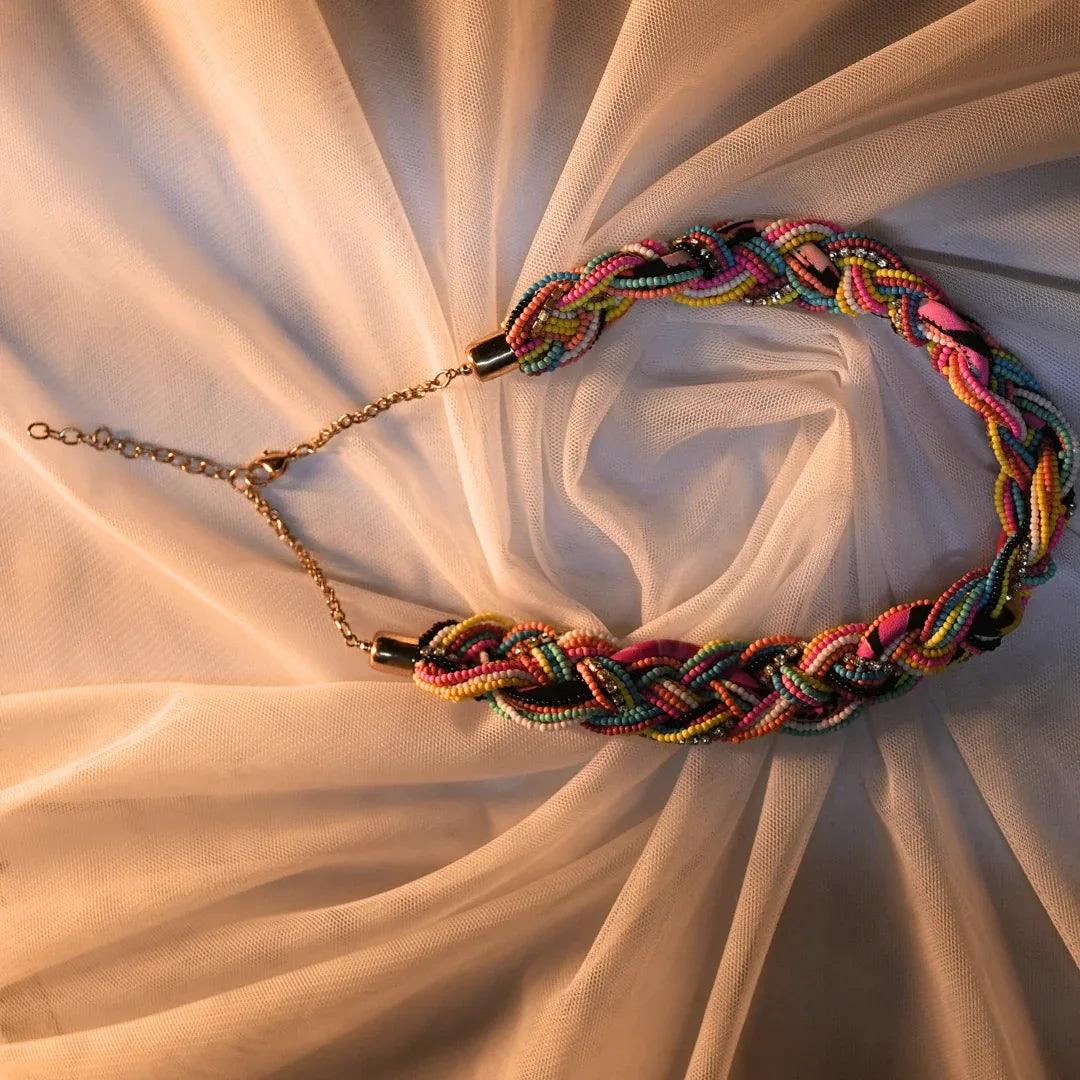Boho Luxe Twist Necklace – Multicolor Seed Beads, Crystal Chain & Designer Fabric - Baranashe - Boho Luxe Twist Necklace – Multicolor Seed Beads, Crystal Chain & Designer Fabric